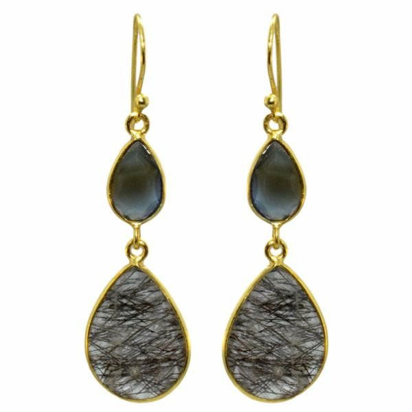 anna cadda smykker forgyldt sølv pladet silver jewelry  Bloming dobbelt drop øreringe i sort Rutil Kvarts og Labradorite